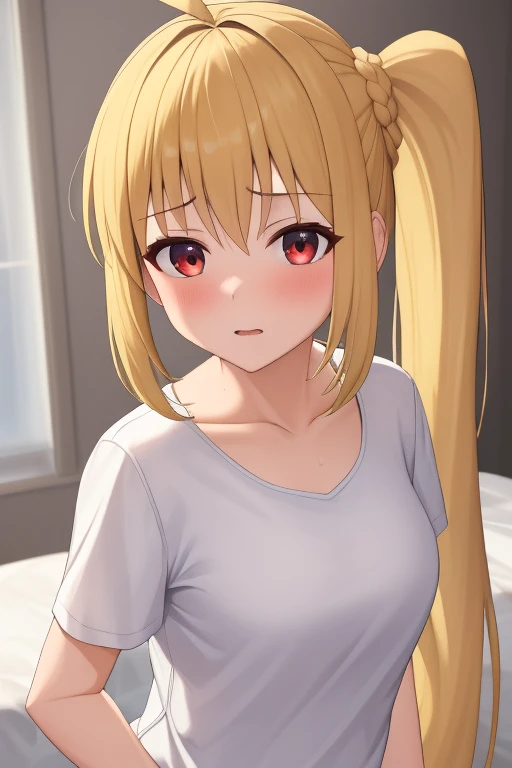 (masterpiece, highest quality:1.2), A girl with blonde hair and red eyes wearing a white shirt, Side Ponytail, Full Bang, Looks confused, Bedroom, 
Super detaileded, highest quality, Expressive eyes, Perfect Face, super high quality, Super detailed,nsfw,(slut:1.5)