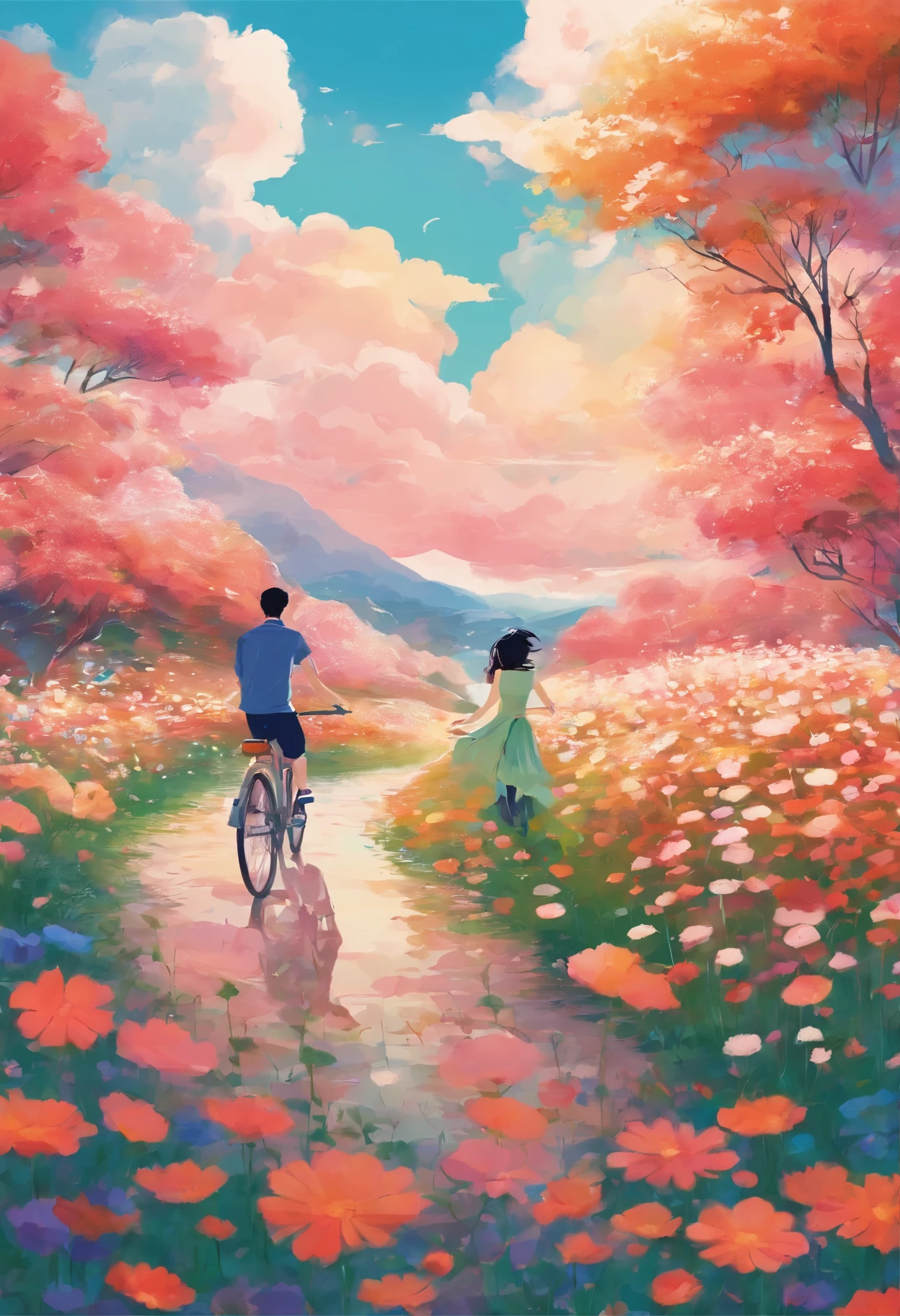 there is a man and woman riding a bicycle through a field of flowers, a digital painting by Andrée Ruellan, shutterstock contest winner, conceptual art, in style of digital illustration, blurred and dreamy illustration, dreamy illustration, blurry and dreamy illustration, colorful illustration, jen bartel, illutstration, illustration!, illustration”, procreate illustration, colorfull illustration