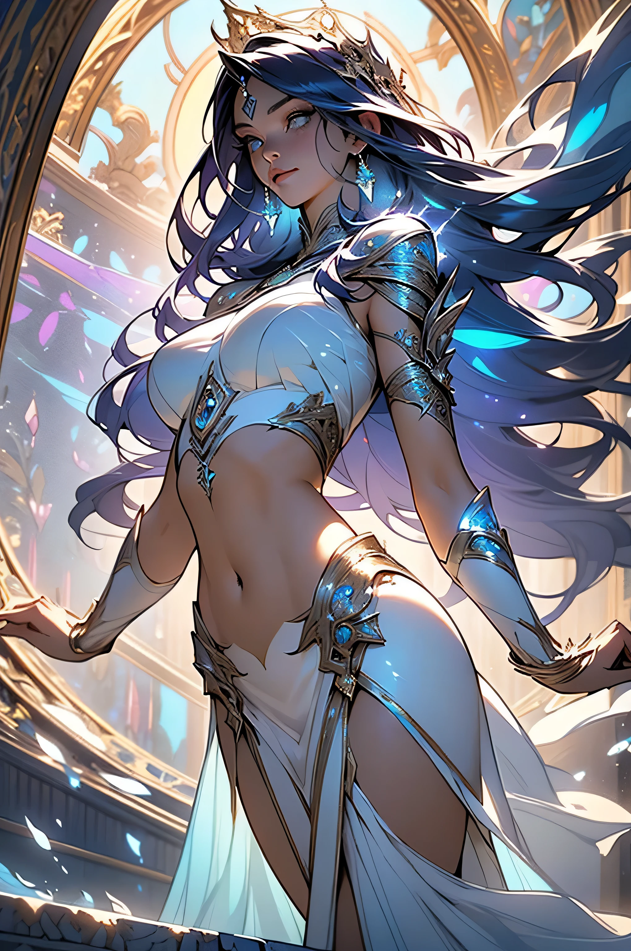 a stunningly beautiful woman (with the looks of a professional fashion model.) She has long lustrous purple white gradient hair), (expressive, blue eyes, reflecting light(light effect)), (immaculate, supple lips), ((large firm breasts)), (a toned midriff), (amazing legs), (perfect silky smooth thighs), (superb, slender calves), (cute flawless feet), and tribal tattoos. She is wearing a revealing, intricate, weaving, zentangle inspired gown of silk, lace, pearls, twisting silver and gold fastners and buckles, and a (diamond and emerald crown), ((standing in between two elaborately detailed, awe-inspiring)), ((mirrored walls of reflective moving water)), (((that she is controlling with her magic))), ((bright blue aura:1.5)), Artstation contest winner, fantasy art, goddess. extremely high detail, hyperdetailed fantasy character, 8k high quality detailed art, extremely detailed goddess shot, intricate wlop, hyperrealistic fantasy art, digital fantasy art ), karol bak, UHD, detailed fantasy art, cinematic movie still, masterpiece, best quality, absurd resolution, 8k, ray tracing, HDR, UHD, volumetric lighting, Unreal Engine 5, Unity Engine, Blender, octane render, exquisite composition and detail:1.4, exceptional lighting and shading:1.38, shallow depth of field, low angle, ominous mood, sharp focus, facing the viewer, (holding her arms out to her sides):1.4 repeat positive prompts, repeat negative prompts
