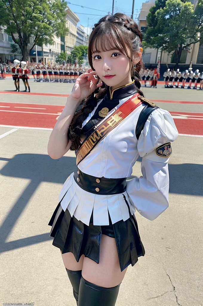 A girl dressed as a drum major with a marching band in the background,Skin-tight leather marching outfit、 A short pleated skirt that exposes your butt、White braided boots、Highly detailed official artwork, 4K Konachan Wallpaper, Kschaert Krentz Key Art Feminine, marin kitagawa fanart, High resolution,