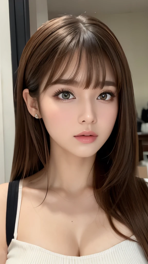 Best quality, 8k, ,Masterpiece :1.3)), facing viewer,((full body1.2)) ,pretty woman, wide shot ,1girl, , selfie , , Hair salon, brown hair , bangs,ultra-detailed face, highly detailed lips, detailed eyes, double eyelid
