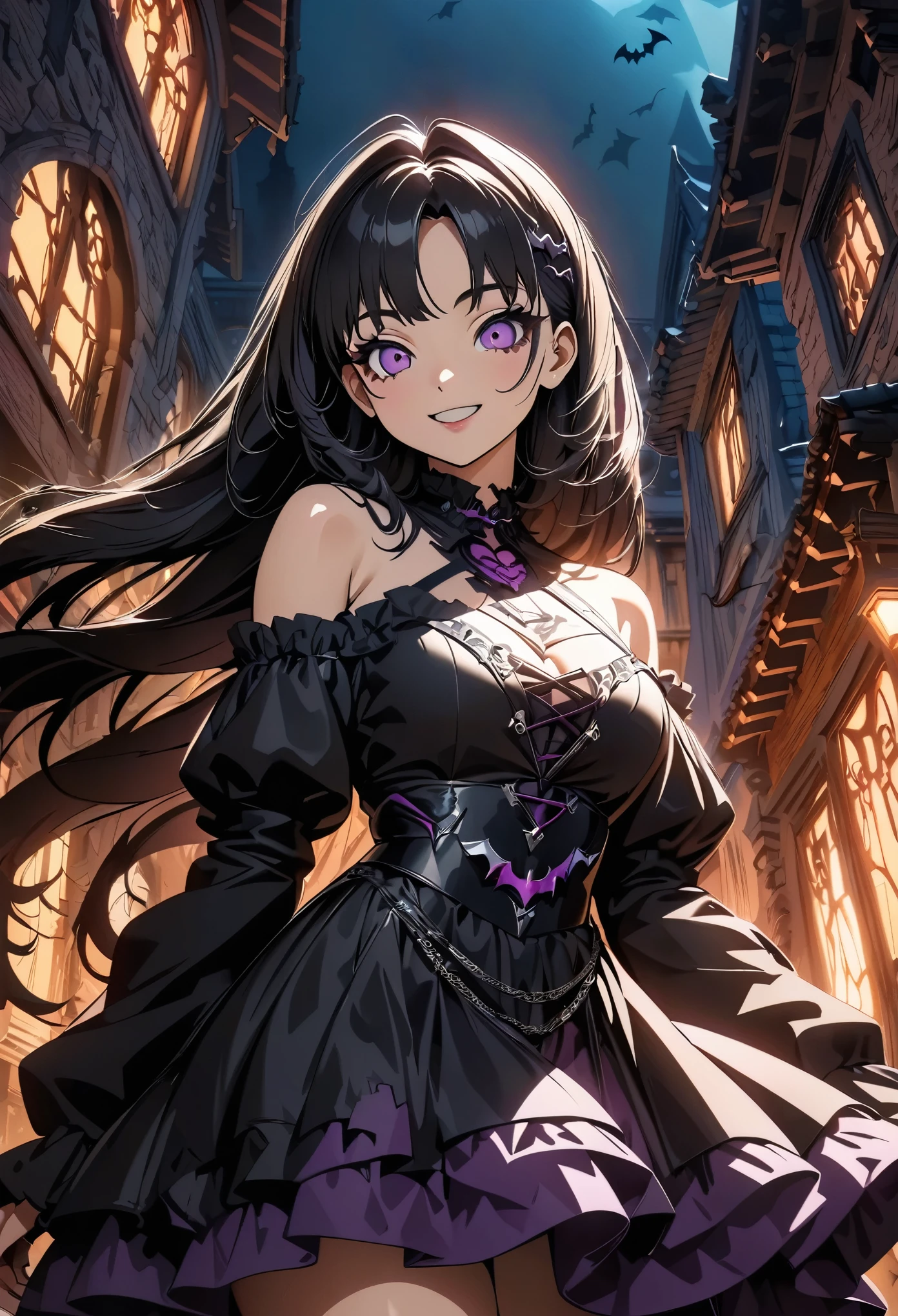 (highest quality:1.2, Very detailed, Anime Style, High Contrast, Detailed digital anime art, masterpiece:1.2, highest quality, Best aesthetics), 1 Female, Gothic Maiden Anime Girl, Gothic Cyberpunk, Gothic art style, Gothic art, Devil Anime Girl, Gothic horror atmosphere, Creepy Makeup, eye shadow, Bat motif accessories, Detailed dress decoration , Beautiful Gothic Dresses, Off the shoulder, Separated sleeves, Detailed accessories, Sheer dress, Black Hair, Long Hair, Braided Hair, Purple Bicolor, Purple Eye, Smile, Voluptuous Body, Female Curves, Random Pause, Western-style architecture, Western-style building background, Gorgeous interior, Dark Color Palette, Young agers々Shi, climax.