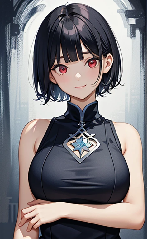 (masterpiece:1.4、top-quality、illustration)、(character focus、,upper body:1.3)、(face:1.5),(1girl),(Gentle face:1.2),(Beautiful eyes:1.4),cute face,(red eyes:1.3)、(tareme:1.3)、(:1.3),
),(stand:1.4),、(Gentle smile:1.2),(),
(blue black hair),(short hair:1.5)、
,(),(sleeveless turtleneck china dress:1.5),
(blunt bangs),(sidelocks:1.3), (large breasts)、
、slender、zydG