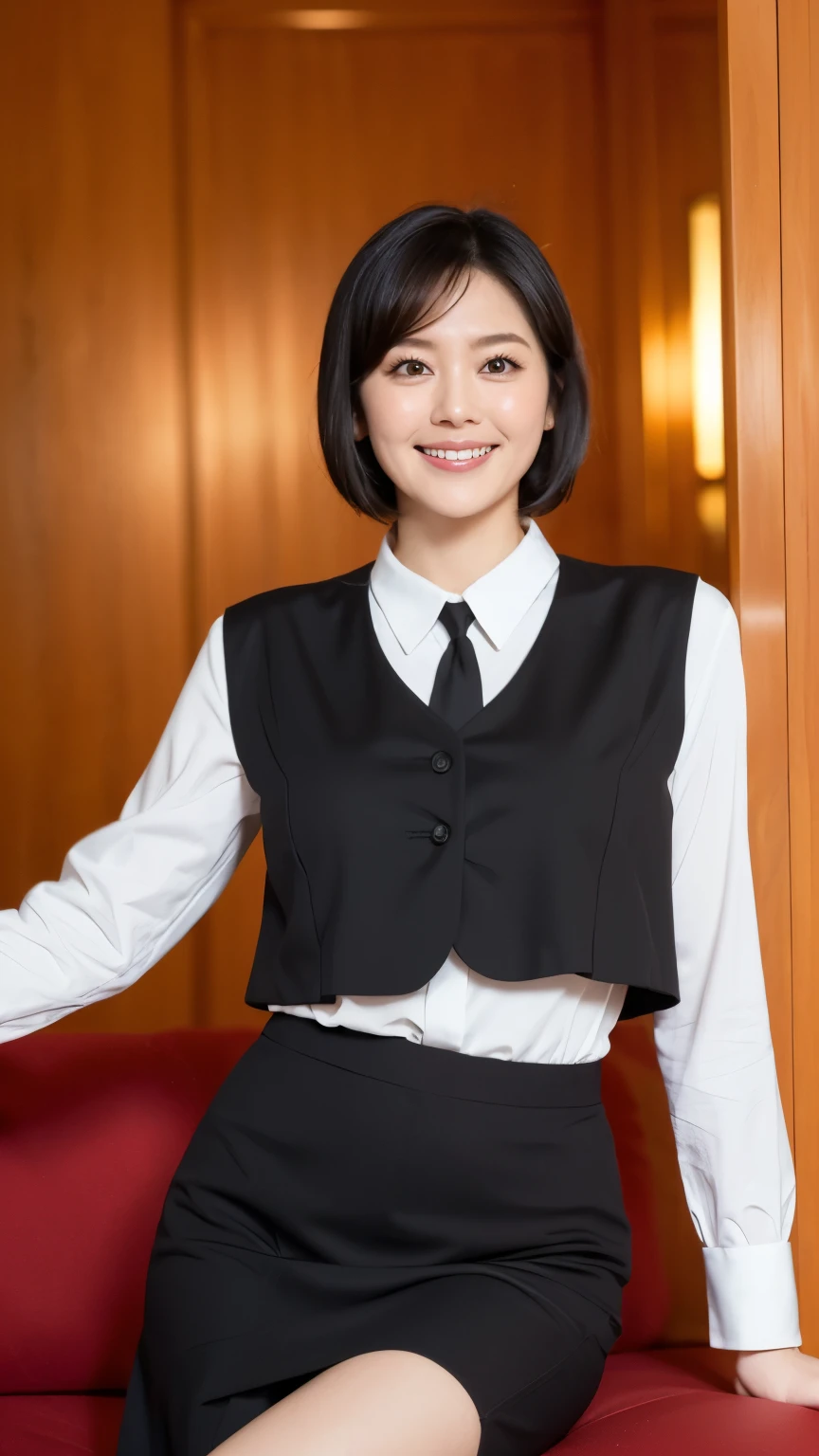 最high quality, In 8K, Masseter region, Vibrant, Sharp focus, high quality, High resolution, Detailed face, fine grain, Thick lips, (Looking at the audience), alone, Beautiful woman, 38 years old, Japanese women, ((Short black hair:1.6))、（Bob Hair:1.4）, Cleavage, Lunch break、（Cloakroom lady at a five-star hotel、Large lobby、High ceilings、Large windows、Working at the counter in the reception area:1.3）、（Full body photo:1）、（Japanese women）、（Hotel staff uniform for women:1.8）, （She is wearing a dark blue vest over a white blouse:1.5）, The vest has three gold buttons, （(Wearing a red scarf around her neck)）、（Knee-length dark blue skirt）、（Black pumps:1.5）、（Red lipstick:1.1）、（smile:1.3）、（standard body type）、（D cup breasts）