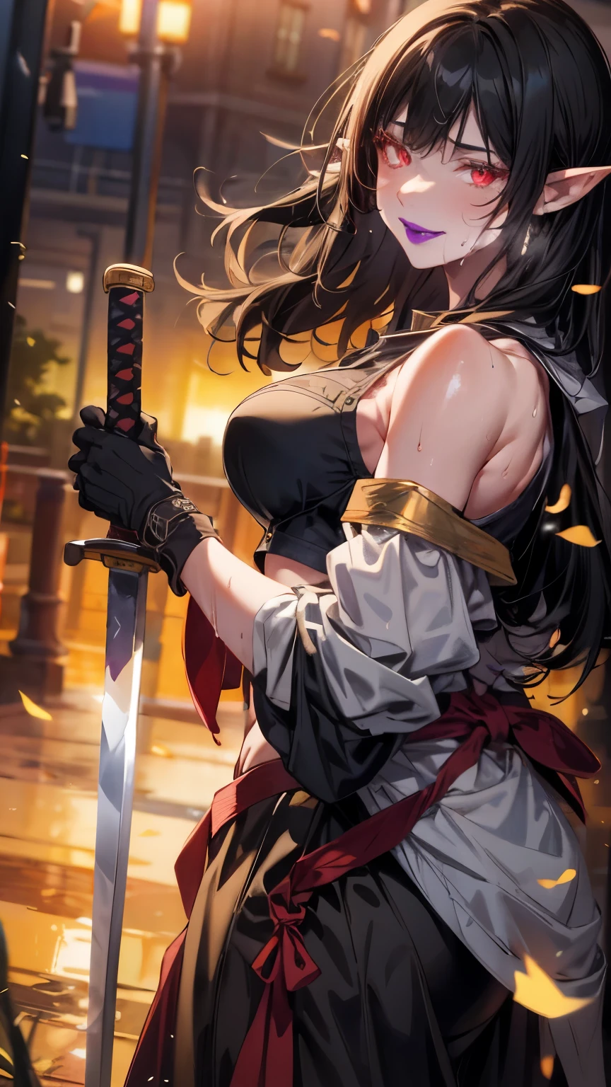 red eyes, pointy ears, long black hair, purple lipstick, makeup, pale skin, anatomically correct, bulge to ass, holding katana female focus, sword, holding, solo, wide_sleeves, 1girl, black_hair, holding_sword, bare_shoulders, detached_sleeves, looking_at_viewer, long_sleeves, standing, breasts, floating_hair, sunset, katana, cowboy_shot, cloud, midriff, medium_breasts, looking_back, back, "glow effects, godrays, Hand drawn, render, 8k, octane render, cinema 4d, blender, dark, atmospheric 4k ultra detailed, cinematic, Sharp focus, big depth of field, Masterpiece, colors, 3d octane render, 4k, concept art, trending on artstation, hyperrealistic, Vivid colors, extremely detailed CG unity 8k wallpaper, trending on CGSociety, Intricate, High Detail, dramatic", anime coloring, anime screencap, sweating, steaming body, fog, hollow eyes, facing viewer, smirk, upper teeth, purple lips, red eyes, sweating, wet, looking at viewer, glowing eyes, wet, sweating