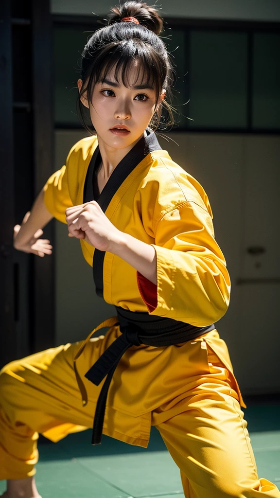 Realistic, masterpiece, highest quality, Highest Resolution,、Dojo Destroyer、Shorinji Kempo、Kung Fu Girl、Muscular、wave fist、Master Bruce Lee、Opponent