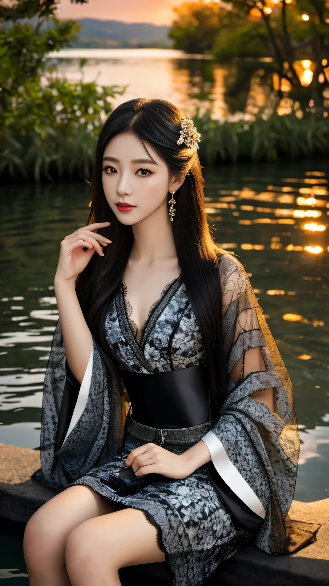 8K, UHD, masterpeiece,best quality, 1 girl, detailed face, detailed eyes, very long hair, long straight hair, small breasts, very detailed dress, kimono costume, black costume, ((black lace)), sardine, flowing sardine, jwellery, earring, ornaments, flower, evening, lake, water, sunset, depth of field, glowing light, god rays, reflection light, bloom, looking at viewer, sitting,
