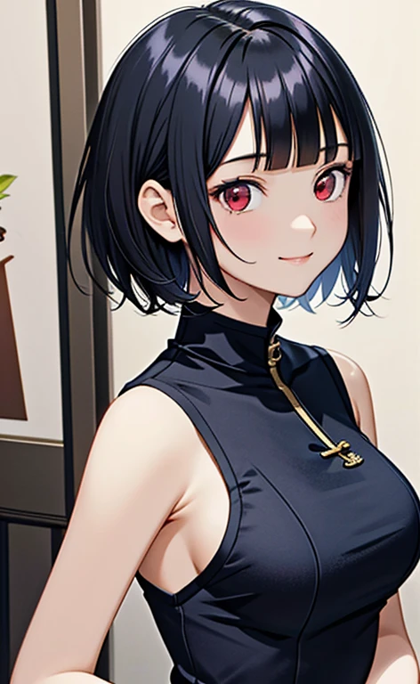 (masterpiece:1.4、top-quality、illustration)、(character focus、,upper body:1.3)、(face:1.5),(1girl),(Gentle face:1.2),(Beautiful eyes:1.4),cute face,(red eyes:1.3)、(tareme:1.3)、(:1.3),
),(stand:1.4),、(Gentle smile:1.2),(),
(blue black hair),(short hair:1.5)、
,(),(sleeveless turtleneck china dress:1.5),
(blunt bangs),(sidelocks:1.3), (large breasts)、
、slender、zydG
