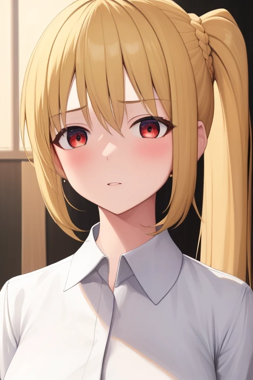 (masterpiece, highest quality:1.2), A girl with blonde hair and red eyes wearing a white shirt, Side Ponytail, Full Bang, Looks confused, Bedroom,
Super detaileded, highest quality, Expressive eyes, Perfect Face, super high quality, Super detailed,nsfw,cumdrip