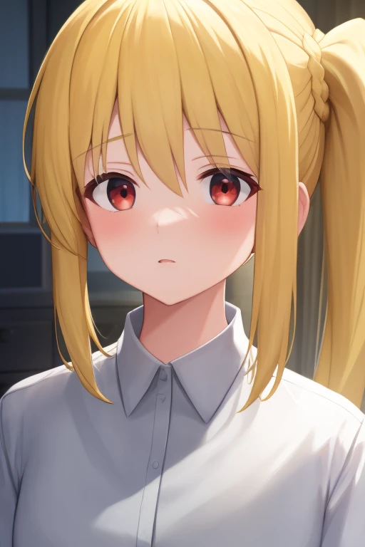 (masterpiece, highest quality:1.2), A girl with blonde hair and red eyes wearing a white shirt, Side Ponytail, Full Bang, Looks confused, Bedroom, 
Super detaileded, highest quality, Expressive eyes, Perfect Face, super high quality, Super detailed,nsfw,cumdrip