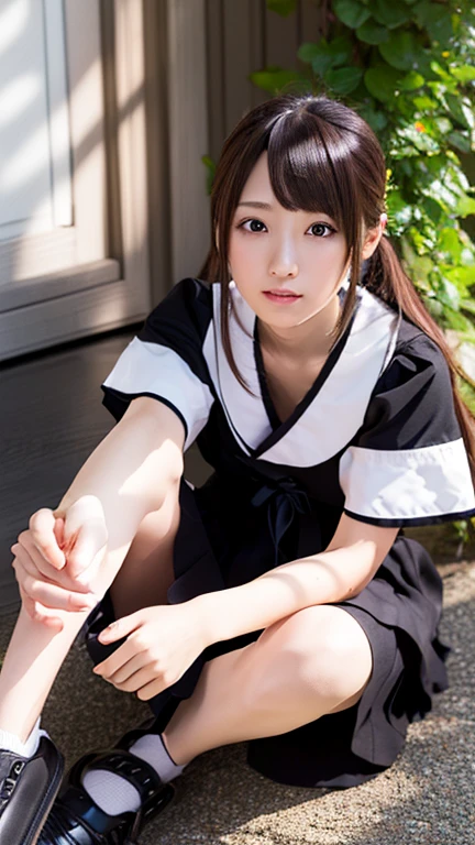 ((masterpiece)), ((highest quality)), ((High resolution)), ((Highly detailed CG Unity 8k wallpaper)), alone, tachibana kanade, Brown uniform, Black Skirt, White socks, Outdoor, face, curtained hair, Beach, Parted hair, Silver Hair