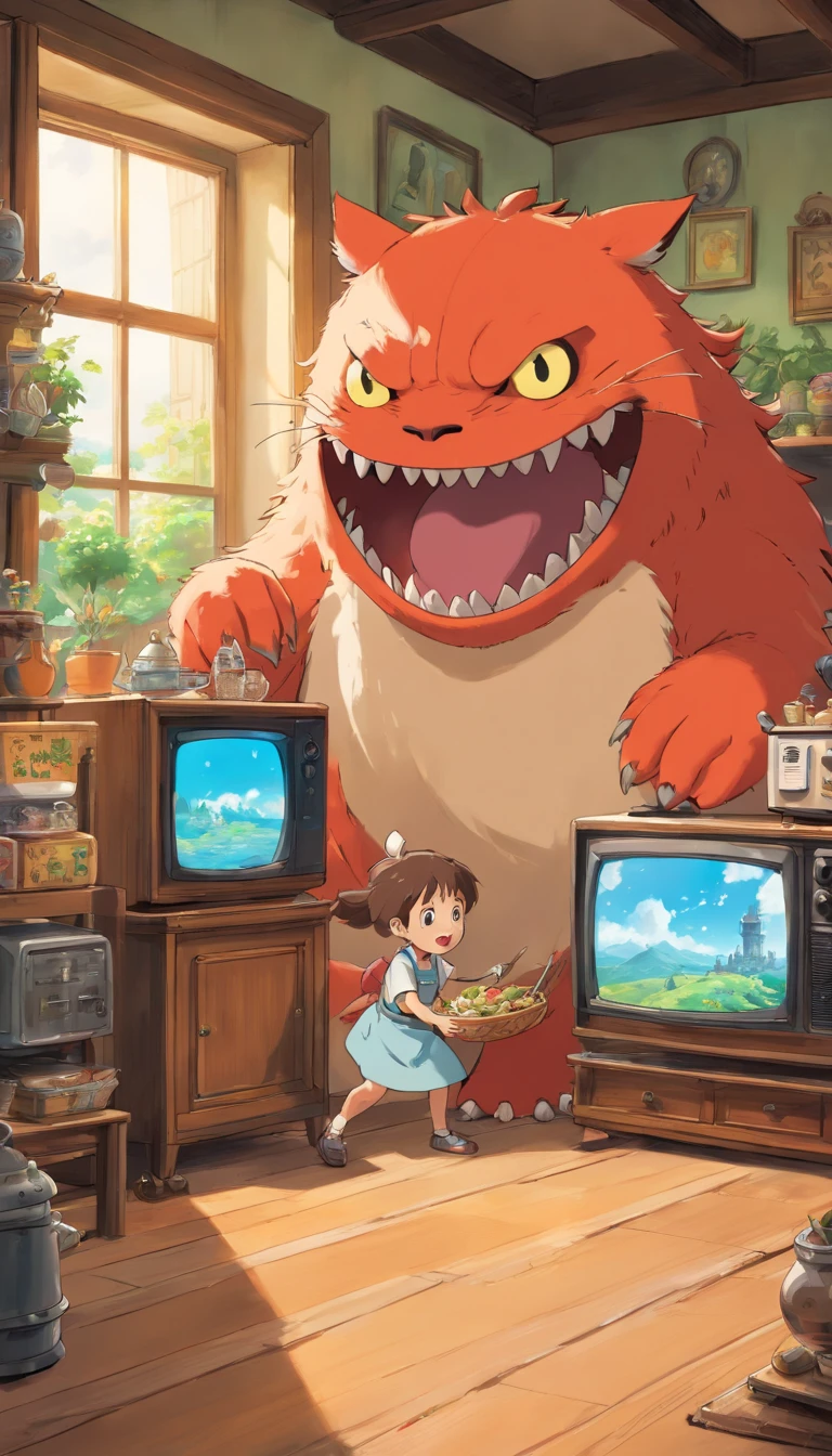 (masterpiece, highest quality, Very detailed, 8k wallpaper, Realistic), Concept Art, Anthropomorphic old TV, a monstrous device, Whimsical, Kitchen threats, Manga style, Vibrant,Animal characters fighting the wind,Mascots,interesting,Trick Art