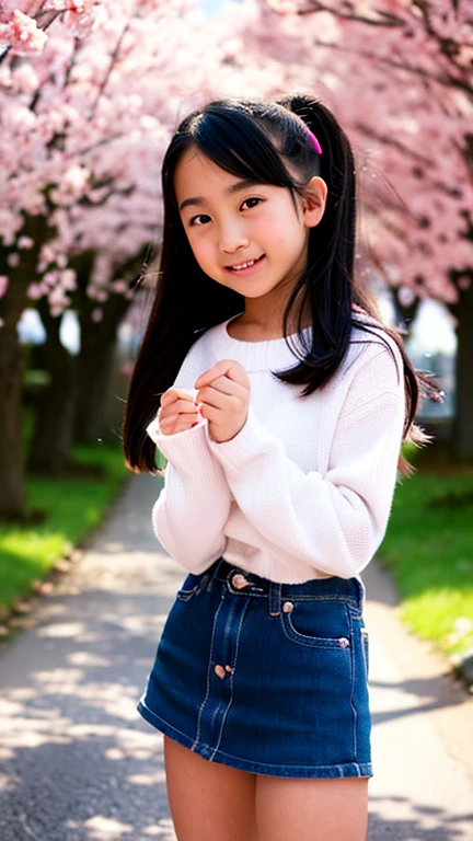 masterpiece, highest quality, Super detailed, figure, Wide-angle, A girl is standing in the middle of the road, alone, The road in the middle and pink cherry blossom trees on the roadside, whole body, 20th Generation, Pink Hair, sweater, Short skirt, fashion,, composition, balance, Harmony, rhythm, color, Light, Shadow, reflection, refraction, tone, Contrast, prospect, Middle Way, background, Naturalistic, Figurative, Expressive.