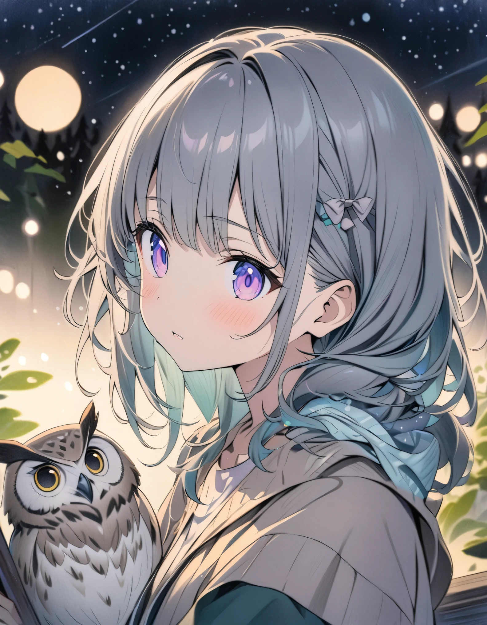 ((style:colored pencil,Pale colors)),(masterpiece:1.2),(anime),Night Forest、Starry Sky、((Girl with an owl on her shoulder))、Mysterious atmosphere、cute