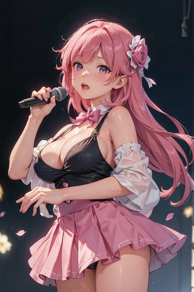 masterpiece、Soft Focus , Bright gradient watercolor、Tabletop, High resolution, 8k, Anime Women, Delicate and detailed writing 、Detailed digital illustration、high resolution, high quality、Detailed Background、Close-up photo、
long hair、Shiny Hair、Bright pink hair、bangs、Very beautiful woman、Idol、Double Eyes、(Large Breasts:1.4)、
(((Two arms、Four fingers, One thumb)))、Detailed female face、(Holding a microphone:1.3)、Singing on a microphone、(Idol Costumeini)、 short skirt、pink ribbon、pink rose hair accessory、pink and white outfit、