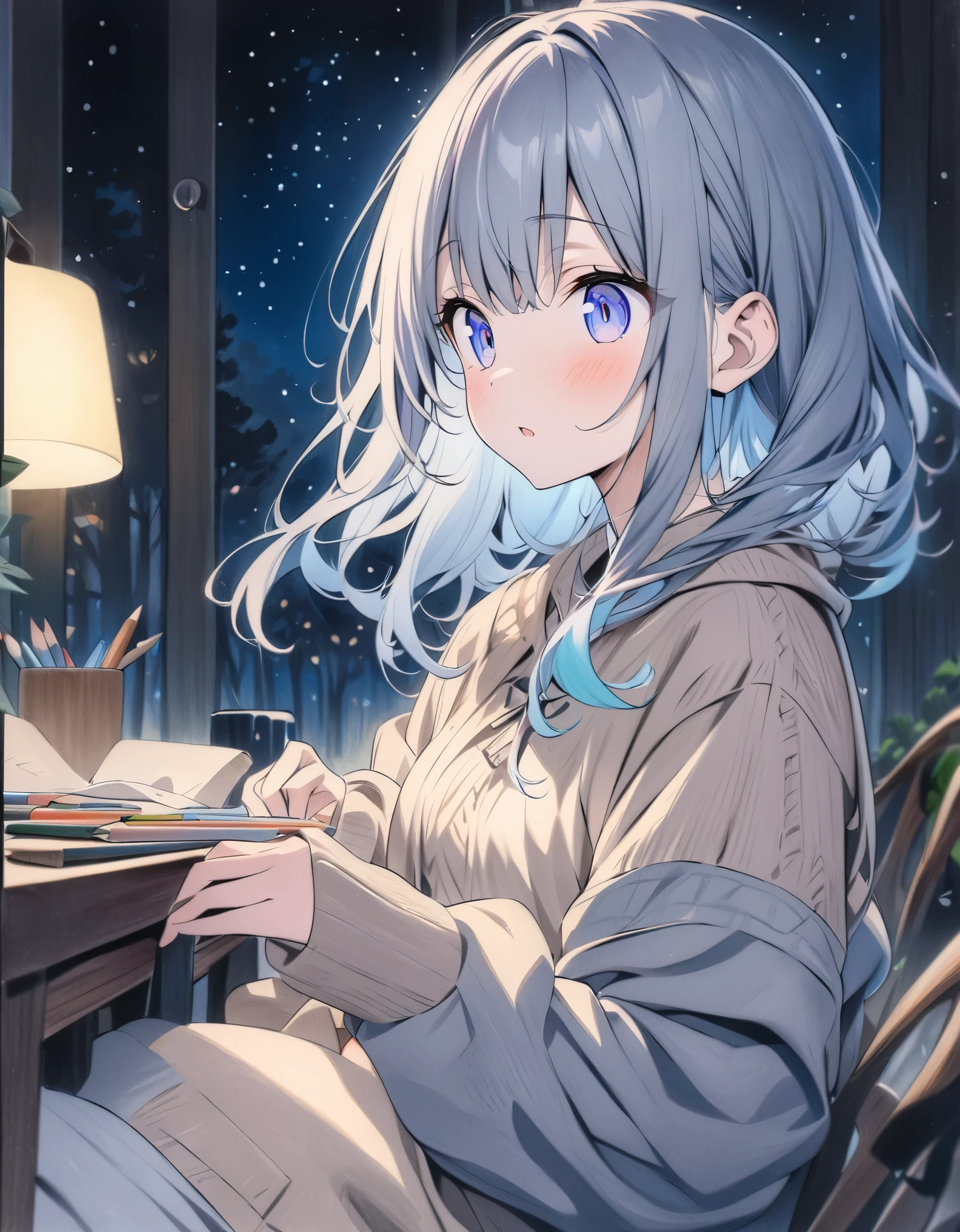 
((style:colored pencil,Pale colors)),(masterpiece:1.2),(anime),Night Forest、Starry Sky、((owl and girl))、Mysterious atmosphere illuminated by moonlight、cute