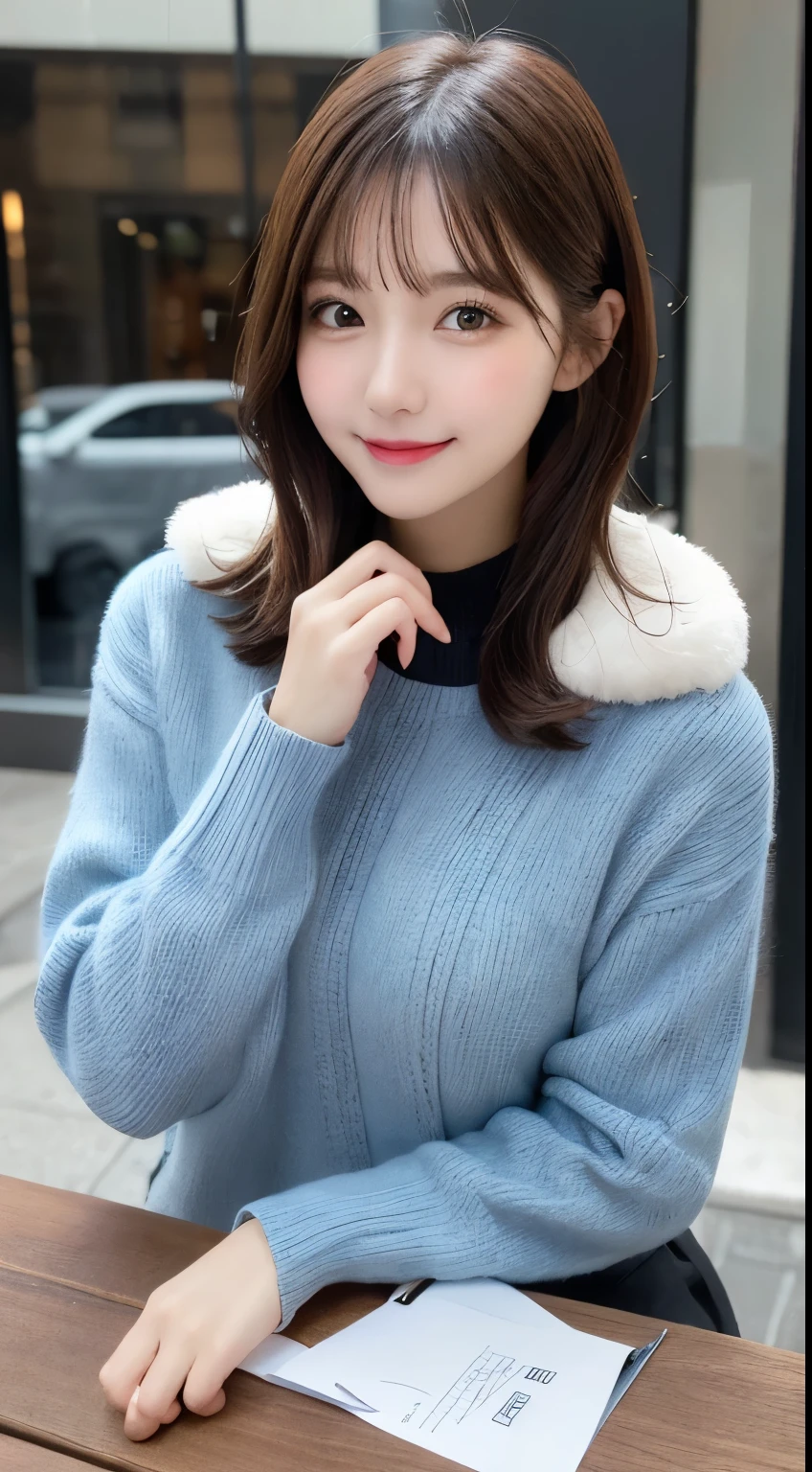 Tabletop, highest quality, figure, Super detailed, In detail, High resolution, 8k wallpaper, Perfect dynamic composition, Beautiful fine details, Cold winter clothes,Medium Hair,Small Breasts Natural Color Lip, Bold sexy pose,smile,Harajuku、20-year-old girl、cute、sexy shot looking at camera