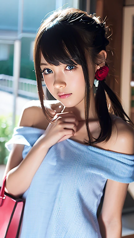 One girl, Bethel, blue eyes, Exposing shoulders, chest, medium chest, short hair, Gray Hair, Hair on one eye, bangs, gloves, No sleeve, alone, shirt, fingerless gloves, white shirt, No sleeve shirt, Put your arms behind your back, Off the shoulder, horn, smile, (masterpiece), (highest quality), (Super detailed), indoor, Simple Background, blue flower,
