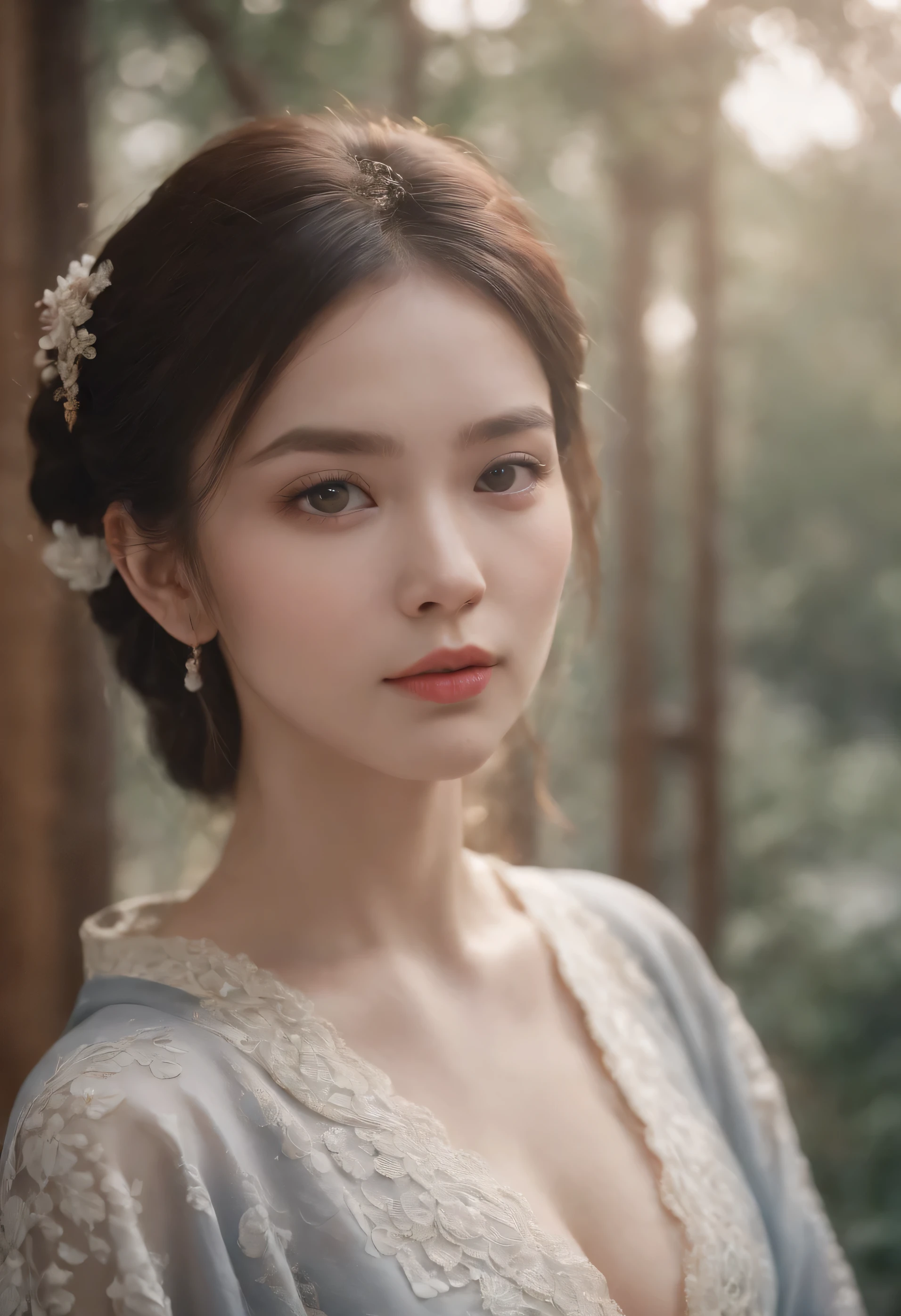 Realistic portrait, Official Art, Unity 8k wallpaper, super detailed, beautiful, beautiful half asian half british girl, focused on detailed face, has a little to no darkspots, wearing black clothing, facing camera and looking at camera, 3/4 angle, masterpiece, best quality, dark, atmospheric, mystical, romantic, creepy, literature, art, fashion, show era, decoration, intricacies, fur products, lace, contemplation, emotional depth, supernatural, kimono 1girl, solo, neck, bust composition, Realistic, bokeh, lens_flare,Natural light,portrait,Grey Film filter,(KODAK Ektar 100:1.2)