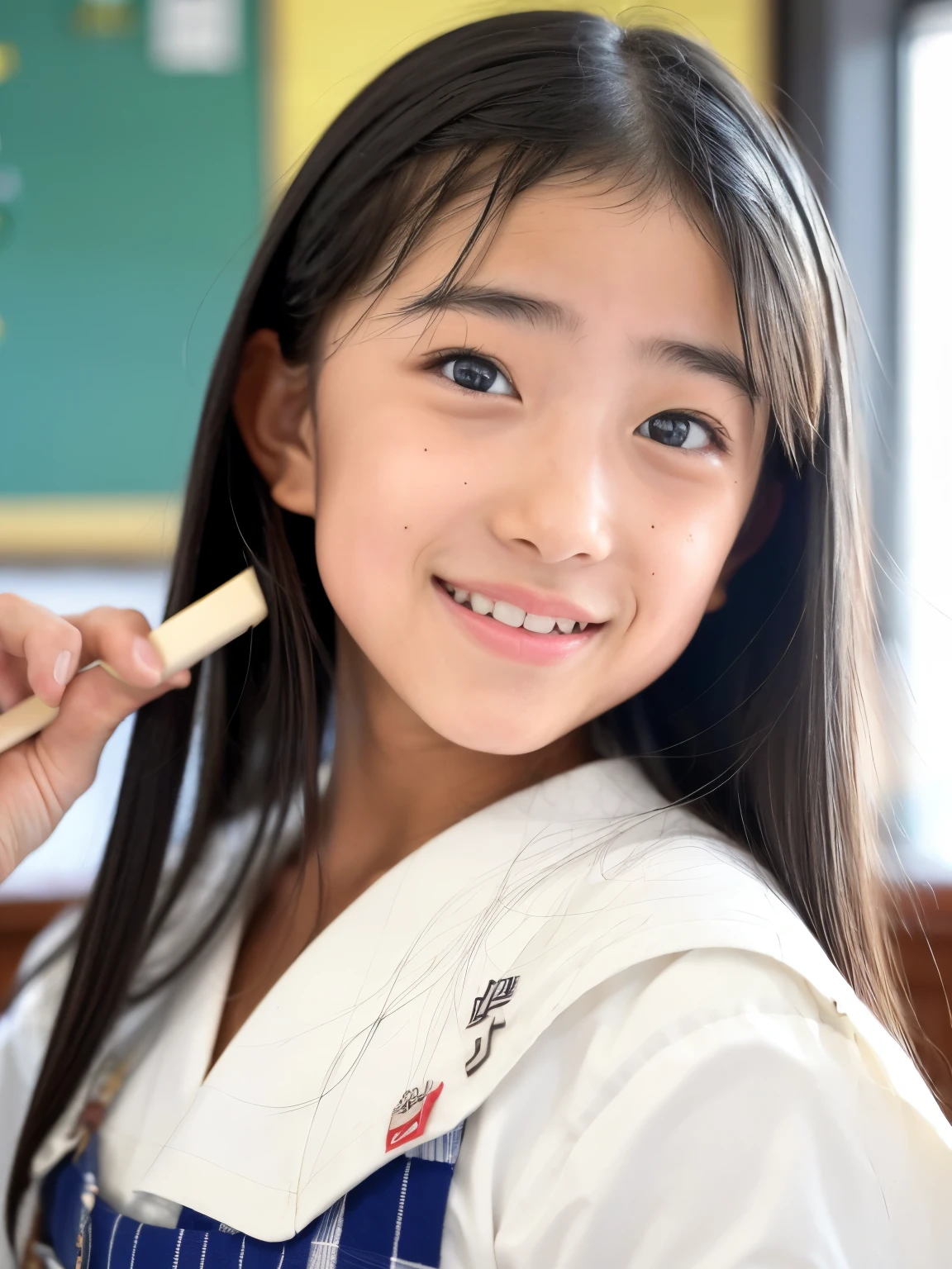 lens: 135mm f1.8, (highest quality),(RAW Photos), (Tabletop:1.1), (Beautiful  Japanese girl), Cute Face, (Deeply chiseled face:0.7), (freckles:0.4), dappled sunlight, Dramatic lighting, (Japanese School Uniform), (In the classroom), shy, (Close-up shot:1.2), (Serious face),, (Sparkling eyes)、(sunlight)