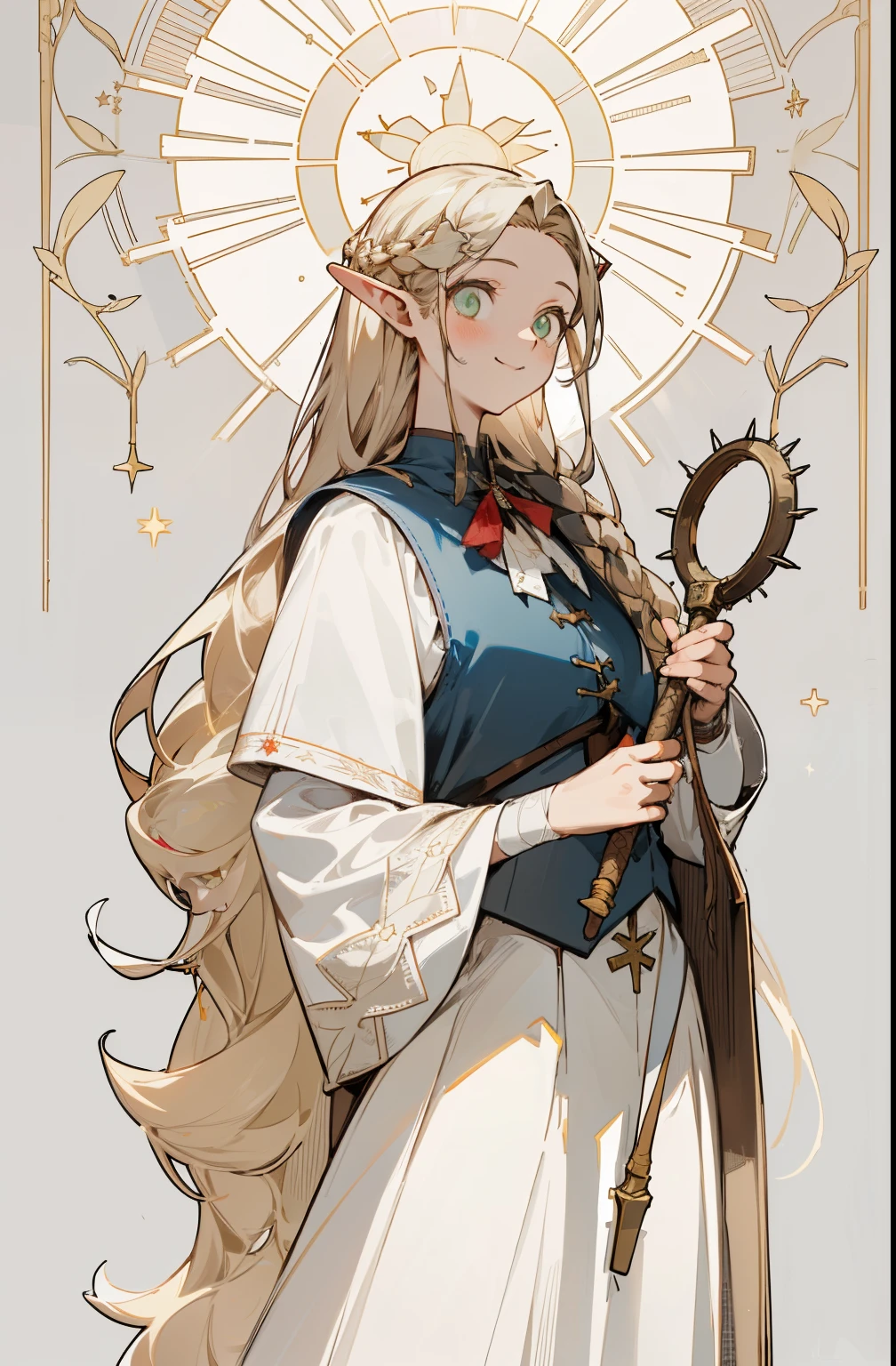 Mother of the Sun、Brunette girl with halo and silver accessories ,(Double hairpin hairstyle),Have long hair on the sideburns,elegant ,Waist length hair,Smile,star decoration,White buds,thorns,Rose,Vest line,Cross Lines,cross bandage,Mesh clothing,Armed with a whip,Brilliant Light,sharpest