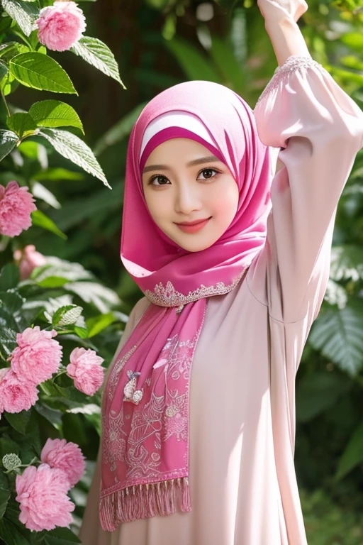 Fotografi produk super realistis minuman lemon; jahe; anggur, dikemas dalam botol kaca coklat warna kuning dan hijau dengan merk "pegel mlarat" terbaca jelas; dieja dengan benar. seorang wanita muda indonesia, berhijab baju abaya pink tersenyum memegang produk. baground ruang mewah dan ornamennya, detail rumit, ultra HD 2k