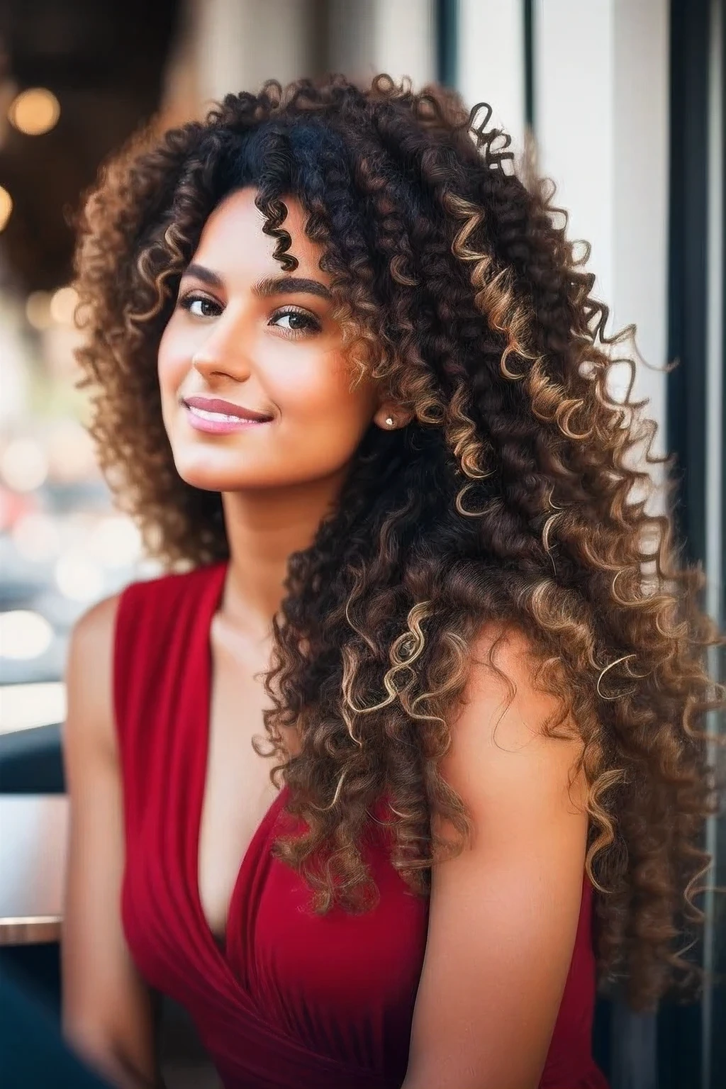 Portrait of a curly-haired Mexican woman wearing curly hair in a cafe , mignon, Photographie mate, peau brune, soft lighting, humeur ambiante, Stunning and clean photography in a car