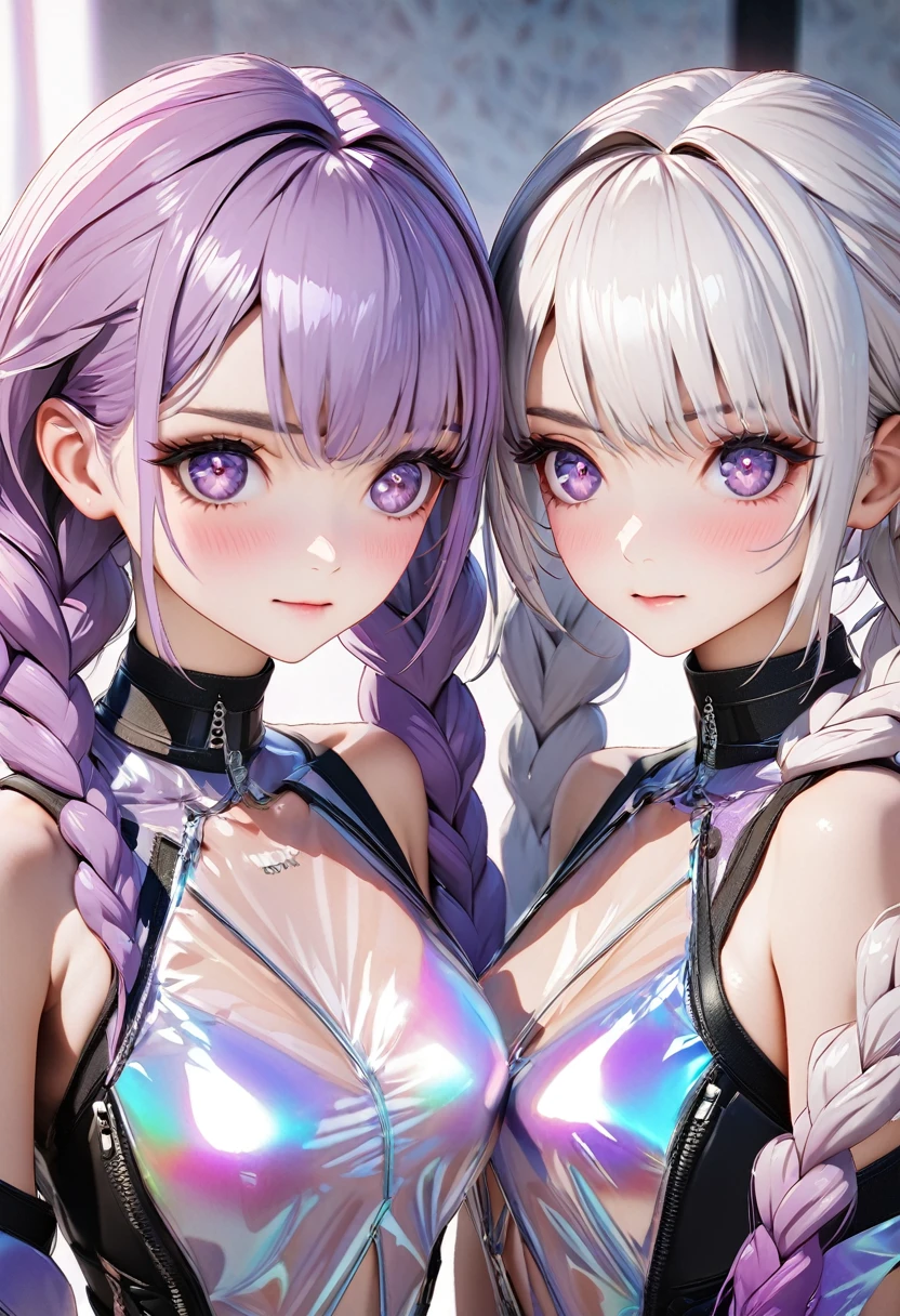 best quality,masterpiece, 2 girls side by side, yinji, purple hair, purple eyes, long hair, white hair, double braids, gradient hair, Refined and elegant, 3D Rendering, Transparent PVC clothing,Transparent colored vinyl garment,Prismatic,holographic,Chromatic Aberration,Fashion Illustration,looking at the audience,pixiv,Liquid Metal, refraction, reflection, Mirror, Prism, Sunlight!!Very detailed, Clear focus.