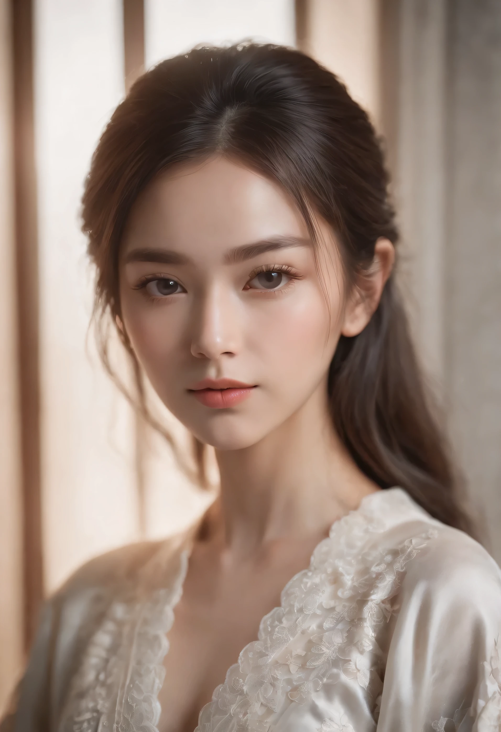 Realistic portrait, Official Art, Unity 8k wallpaper, super detailed, beautiful, beautiful half asian half british girl, focused on detailed face, has a little to no darkspots, wearing black clothing, facing camera and looking at camera, 3/4 angle, masterpiece, best quality, dark, atmospheric, mystical, romantic, creepy, literature, art, fashion, show era, decoration, intricacies, fur products, lace, contemplation, emotional depth, supernatural, kimono 1girl, solo, neck, bust composition, Realistic, bokeh, lens_flare,Natural light,portrait,Grey Film filter,(KODAK Ektar 100:1.2)