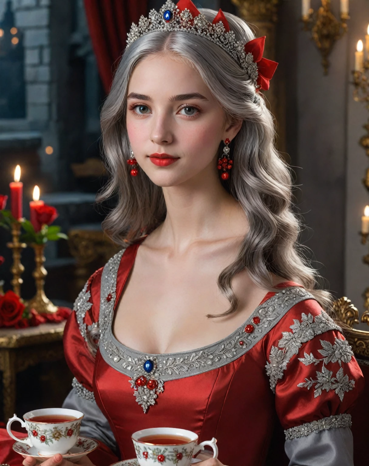 Женщина 15 y.o with gray hair, grey eyes, royalties, Red dress, Red decorations, red earrings, Lunar, nobility, noblewoman, High quality, very detailed, detailed face, masterpiece, Castle, To drink tea, USA, flowers, lights