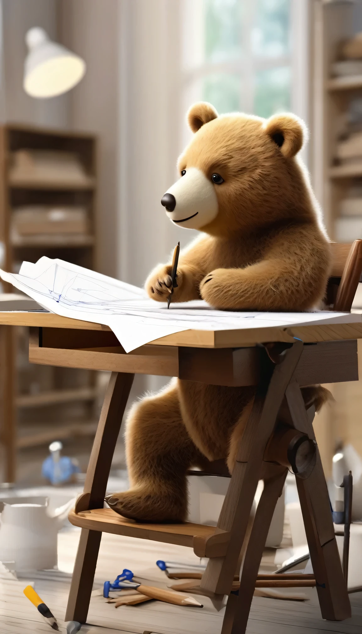 picture, A cute little bear sitting near a drafting table where he is drawing blueprints for a building, Modern architect&#39;s laboratory background, he is wearing a white coat, , highest quality, 16k, [Super detailed], masterpiece, highest quality, (Super detailed), whole body, Ultra Wide Shot, Photorealism