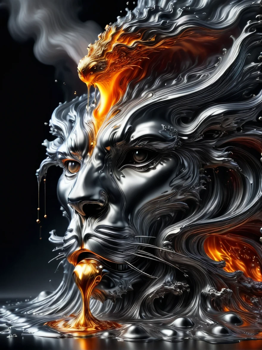 (A volcano made of liquid metal:1.5),(A huge magma made of liquid metal),Elegant Flow,Liquid metal flowing, Metal smelting,Liquid dripping