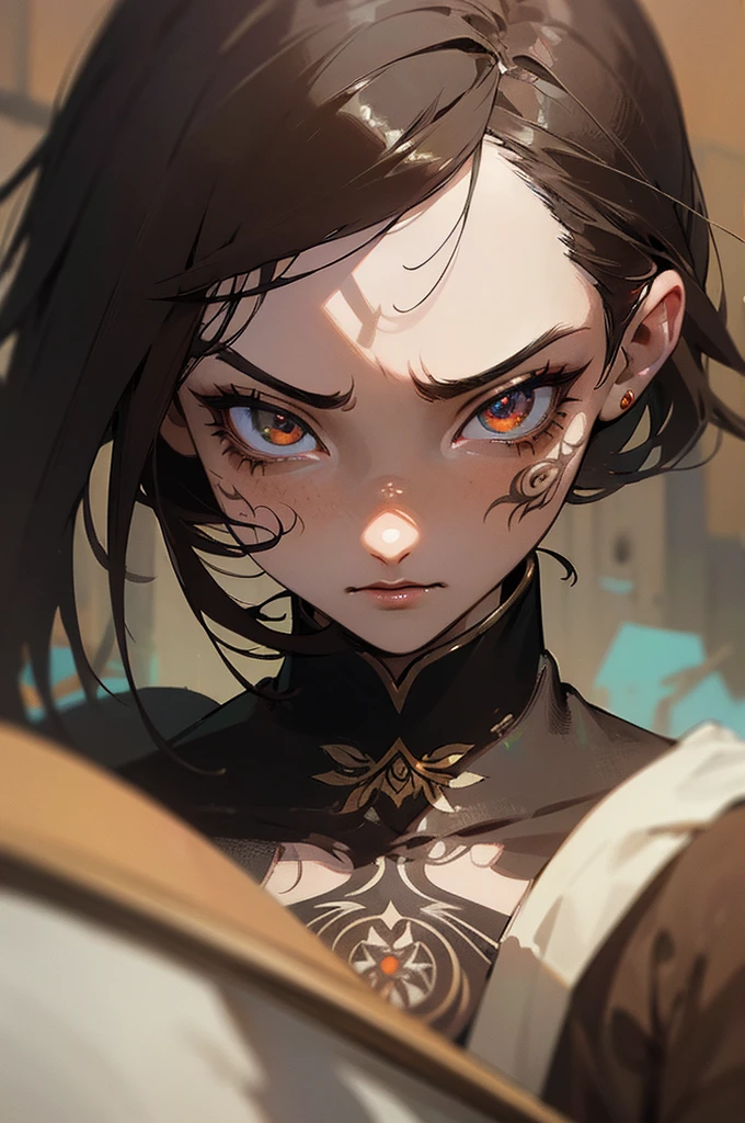 ((masterpiece)), (highest quality), Anime style detailed, 1 girl, detailed face, ultra definition painting, very beautiful, accurate depiction, detailed eye, vivid color, glaring to viewer, radiating an ethereal aura, precise background, geometry tattoo, cinematic, elaborate, glossy, kiss, ((((dramatic))), (((gritty))),