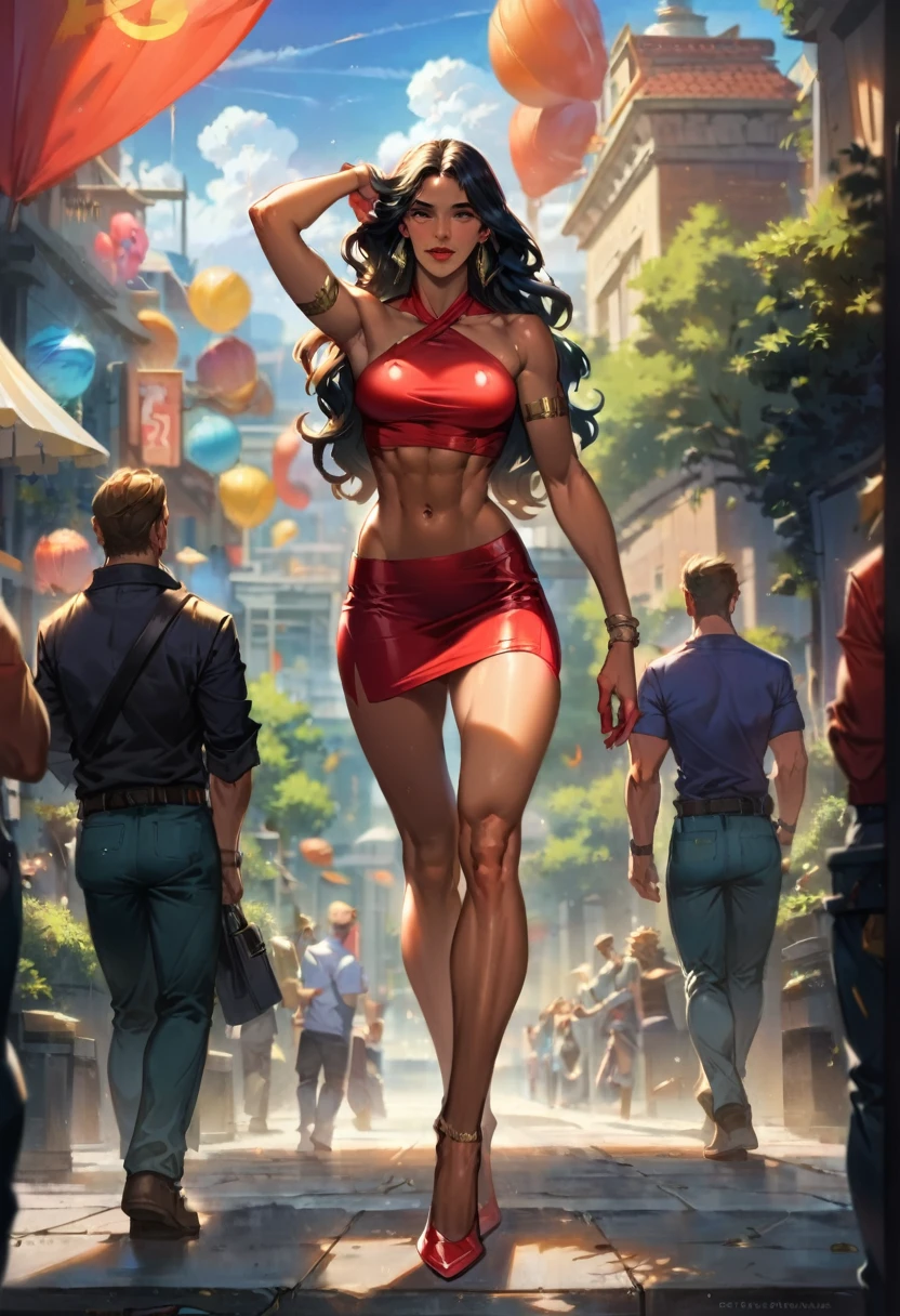 score_9, score_8_up, score_7_up, score_6_up, score_5_up, (high quality, detailed, beautiful), detailed soft lighting, rating_explicit, Disney's Jasmine (muscular:0.6), wavy hair, walking around the streets of Agrabah, short skirt and halter top, high heels, ultra detailed eyes, ultra detailed face, absurdres, masterpiece, best quality, high resolution.