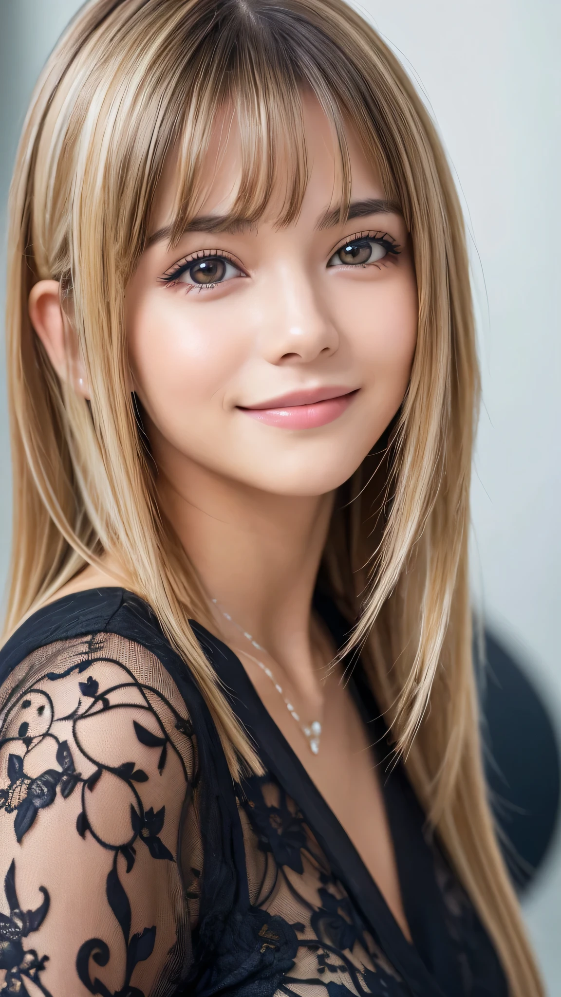 Of the highest quality、Obra maestra 8k、Ultra high resolution、(realista:1.3)、foto cruda、Hermosa chica escandinava rubia brillante、Hermoso cabello rubio platino brillante、Super long straight hair、golpes entre los ojouy hermosos ojos azul claro brillante.、ojos muy grandes、Eyes shining towards the camera..、neon details、small face beauty、cara redonda、resaltado de brillo de mejillas、Pechos grandes y atractivos,A beautiful 13 year old girl looks sexy and cute. & Linda cara hermosa y sexy, El fuerte viento me mueve el pelo delante de la cara.,Beautiful super long metallic blonde straight hair with beautiful cute and sexy eyes hidden behind long bangs、Camisa ombligo、Minifalda muy corta de cuadros amarillos y negros. look at me with a smile、