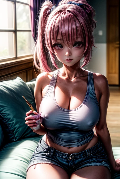 Deviluke, That Deviluke, teeth, Long Hair, (Pink Eyes:1.5), Pink Hair, tail, (Super big breasts:1.2), smile,blush,ponytail,Tank top,Shorts,barefoot,Sitting on the couch,A girl eating an ice cream cone in her right hand,
break indoors,indoor ,
break looking at viewer, (Cowboy Shot:1.5),
break (masterpiece:1.2), highest quality, High resolution, unity 8k wallpaper, (shape:0.8), (beautiful detailed eyes:1.6), extremely detailed face, Perfect lighting, extremely detailed CG, (Perfect hands, Perfect Anatomy),Camel Toe、Giant tit、Nipple Puffs、Cleavage、Plump、Super big breasts、Super big butt