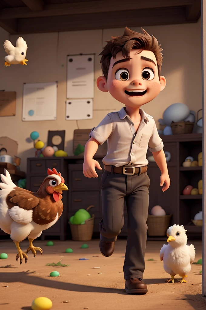 Little boy stealing eggs from chicken, running, Chicken chasing him, He is afraid, Perfect face shape
