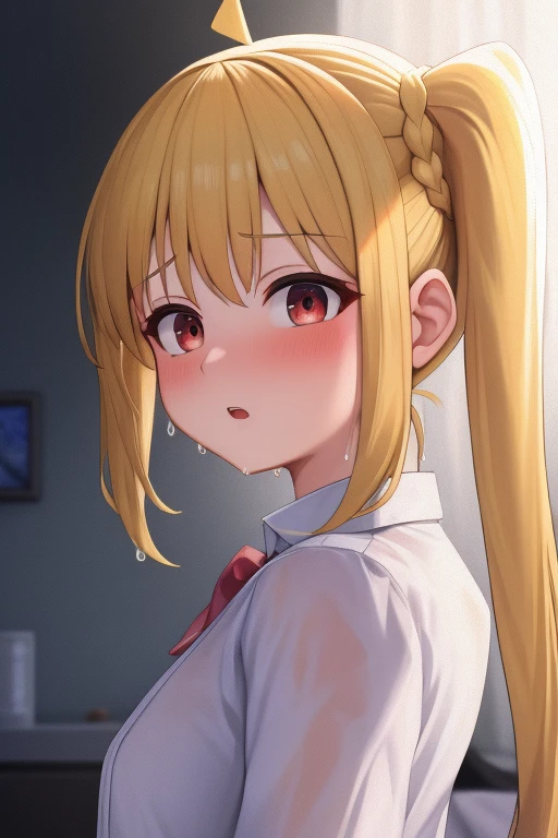 (masterpiece, highest quality:1.2), A girl with blonde hair and red eyes wearing a white shirt, Side Ponytail, Full Bang, Looks confused, Bedroom, 
Super detaileded, highest quality, Expressive eyes, Perfect Face, super high quality, Super detailed,nsfw,(vulgarity:1.1),(fucked silly:1.1),(steam:1.1),(wet:1.1),(trembling:1.1)