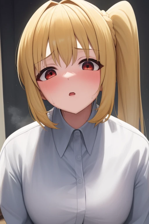 (masterpiece, highest quality:1.2), A girl with blonde hair and red eyes wearing a white shirt, Side Ponytail, Full Bang, Looks confused, Bedroom, 
Super detaileded, highest quality, Expressive eyes, Perfect Face, super high quality, Super detailed,nsfw,(vulgarity:1.1),(fucked silly:1.1),(steam:1.1),(wet:1.1),(trembling:1.1)