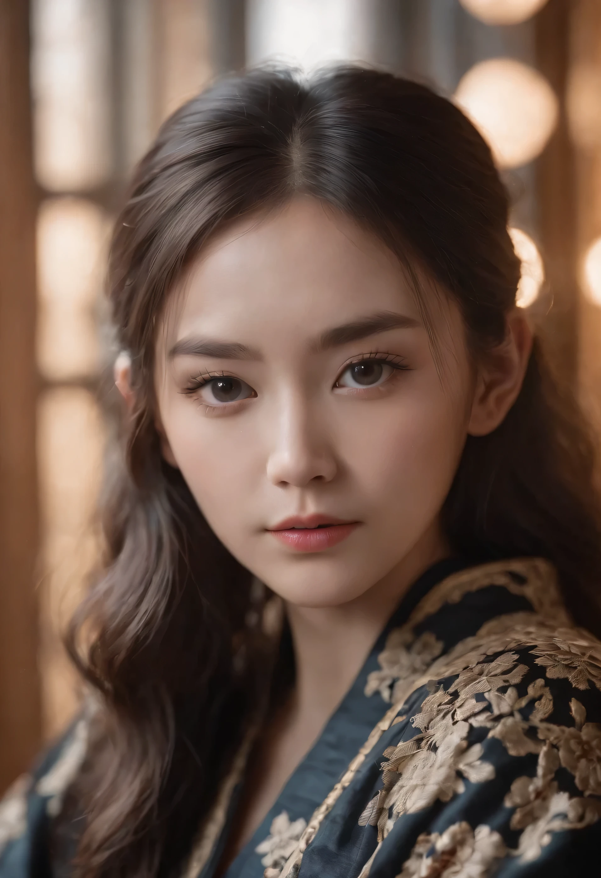Realistic portrait, Official Art, Unity 8k wallpaper, super detailed, beautiful, beautiful half asian half british girl, focused on detailed face, has a little to no darkspots, wearing black clothing, facing camera and looking at camera, 3/4 angle, masterpiece, best quality, dark, atmospheric, mystical, romantic, creepy, literature, art, fashion, show era, decoration, intricacies, fur products, lace, contemplation, emotional depth, supernatural, kimono 1girl, solo, neck, bust composition, Realistic, bokeh, lens_flare,Natural light,portrait,Grey Film filter,(KODAK Ektar 100:1.2)