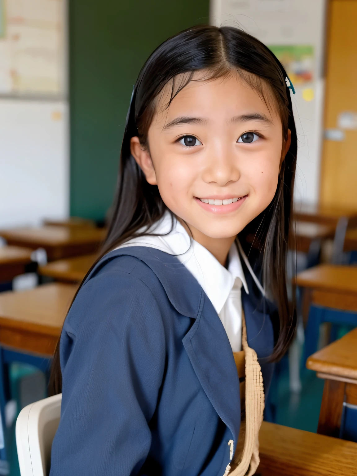 lens: 135mm f1.8, (highest quality),(RAW Photos), (Tabletop:1.1), (Beautiful 16 year old Japanese girl), Cute Face, (Deeply chiseled face:0.7), (freckles:0.4), dappled sunlight, Dramatic lighting, (Japanese School Uniform), (In the classroom), shy, (Close-up shot:1.2), (Serious face),, (Sparkling eyes)、(sunlight)