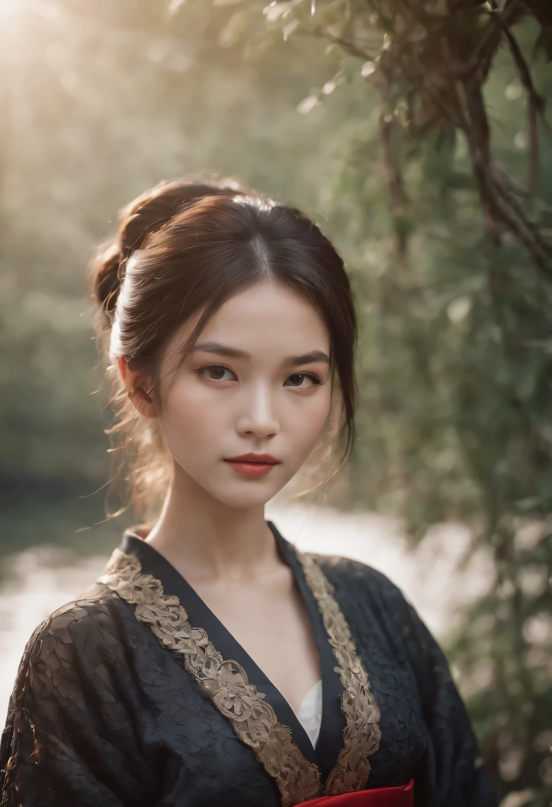 Realistic portrait, Official Art, Unity 8k wallpaper, super detailed, beautiful, beautiful half asian half british girl, focused on detailed face, has a little to no darkspots, wearing black clothing, facing camera and looking at camera, 3/4 angle, masterpiece, best quality, dark, atmospheric, mystical, romantic, creepy, literature, art, fashion, show era, decoration, intricacies, fur products, lace, contemplation, emotional depth, supernatural, kimono 1girl, solo, neck, bust composition, Realistic, bokeh, lens_flare,Natural light,portrait,Grey Film filter,(KODAK Ektar 100:1.2)
