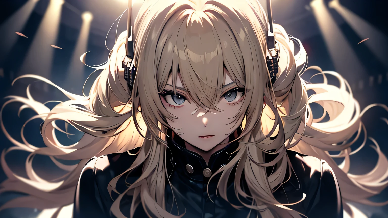 ((highest quality)), ((masterpiece)), (detailed), Perfect Face、Live Stage、vocal、Mike stand、blonde、Smooth Hair、shout、Cowboy Shot、Heavy Metal Band、