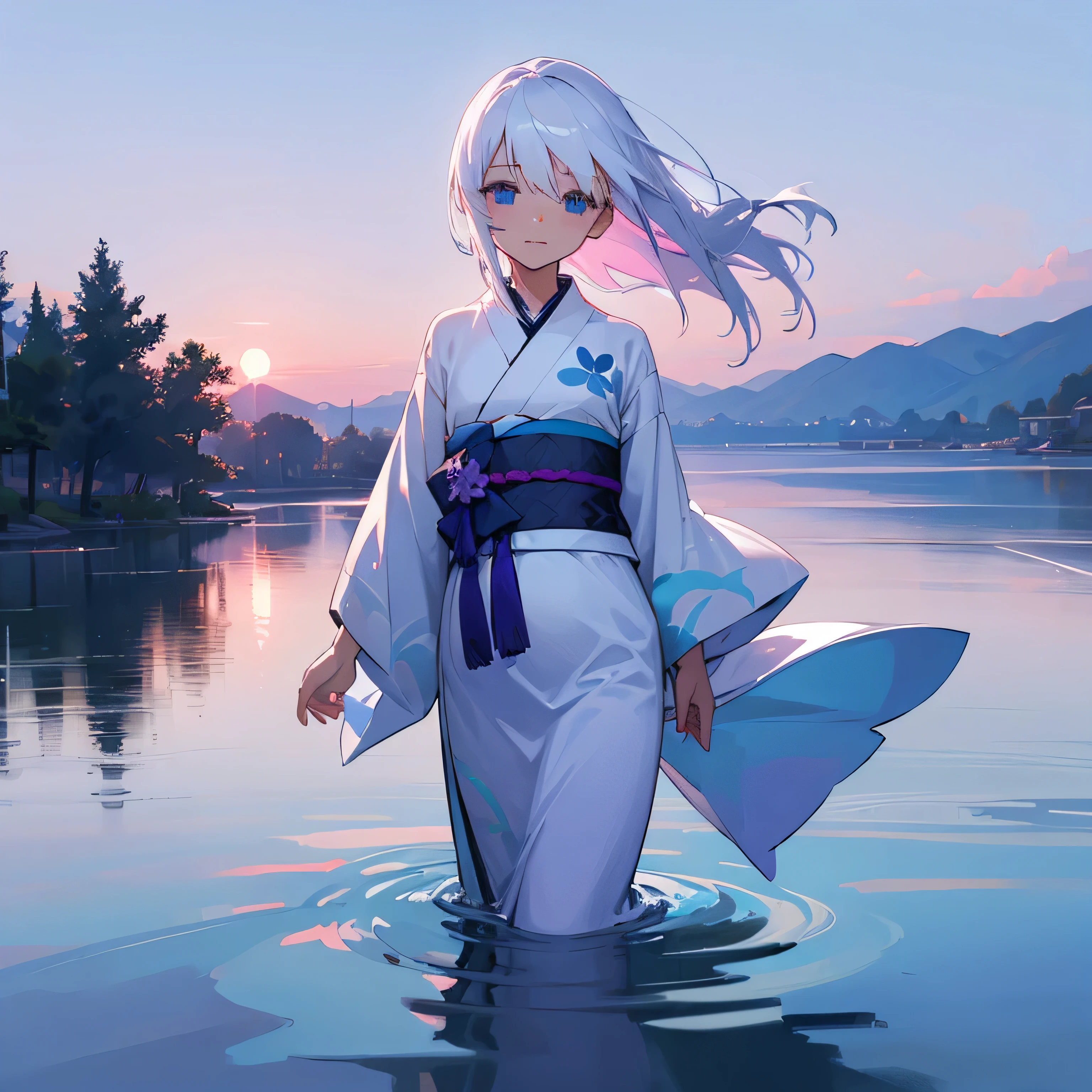 1 girl flat chest pragnent fat belly white hair blue eyes kimono lake water evening violet sky looking at viewer