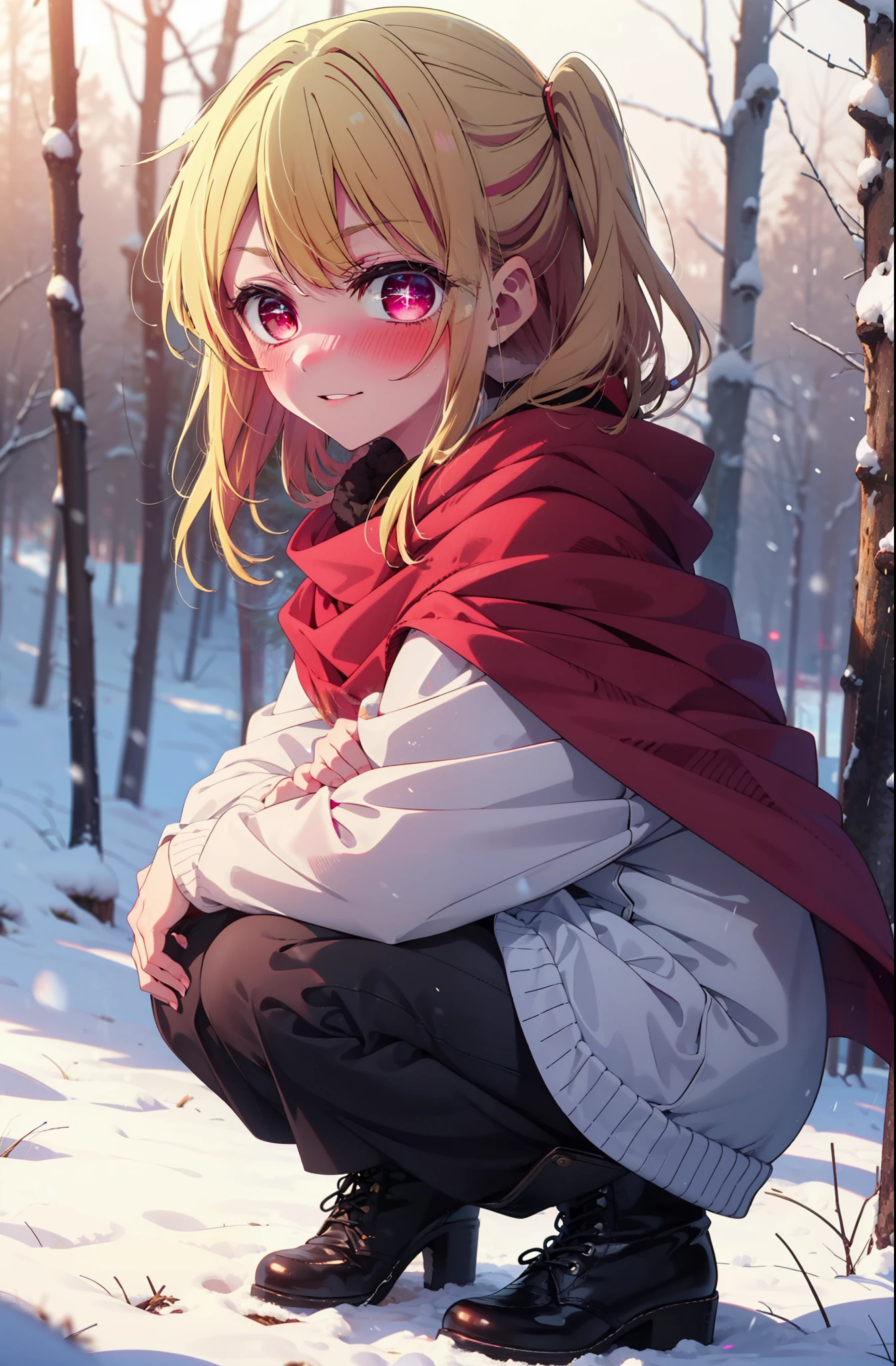 rubyhoshino, Hoshino Ruby, Long Hair, bangs, Blonde Hair, (Pink Eyes:1.3), Side Lock, (Symbol-shaped pupil:1.5), Multicolored Hair, Two-tone hair, smile,,smile,blush,White Breath,
Open your mouth,snow,Ground bonfire, Outdoor, boots, snowing, From the side, wood, suitcase, Cape, Blurred, , forest, White handbag, nature, Squat, Mouth closed, Cape, winter, Written boundary depth, Black shoes, red Cape break looking at viewer, Upper Body, whole body, break Outdoor, forest, nature, break (masterpiece:1.2), highest quality, High resolution, unity 8k wallpaper, (shape:0.8), (Beautiful and beautiful eyes:1.6), Highly detailed face, Perfect lighting, Extremely detailed CG, (Perfect hands, Perfect Anatomy),