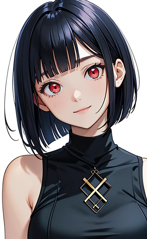 (masterpiece:1.4、top-quality、illustration)、(character focus、,upper body:1.3)、(face:1.5),(1girl),(Gentle face:1.2),(Beautiful eyes:1.4),cute face,(red eyes:1.3)、(tareme:1.3)、(:1.3),
),(stand:1.4),、(Gentle smile:1.2),(head tilt:1.3),
(blue black hair),(short hair:1.5)、
,(glowing eyes),(sleeveless turtleneck china dress:1.5),
(blunt bangs),(sidelocks:1.3), (large breasts)、
、slender、zydG