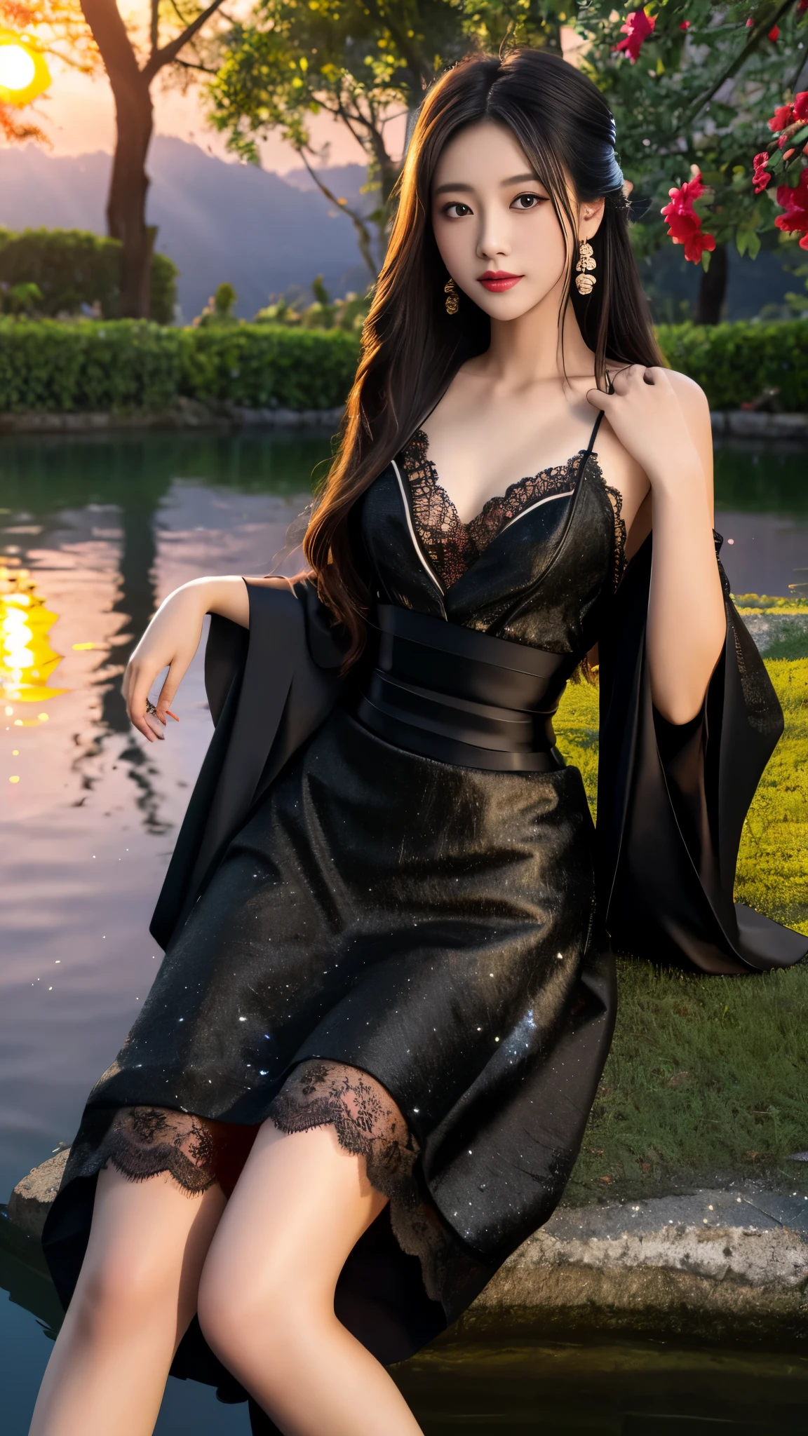8K, UHD, masterpeiece,best quality, 1 girl, detailed face, detailed eyes, very long hair, long straight hair, small breasts, very detailed dress, kimono costume, black costume, ((black lace)), sardine, flowing sardine, jwellery, earring, ornaments, flower, evening, lake, water, sunset, depth of field, glowing light, god rays, reflection light, bloom, looking at viewer, sitting,