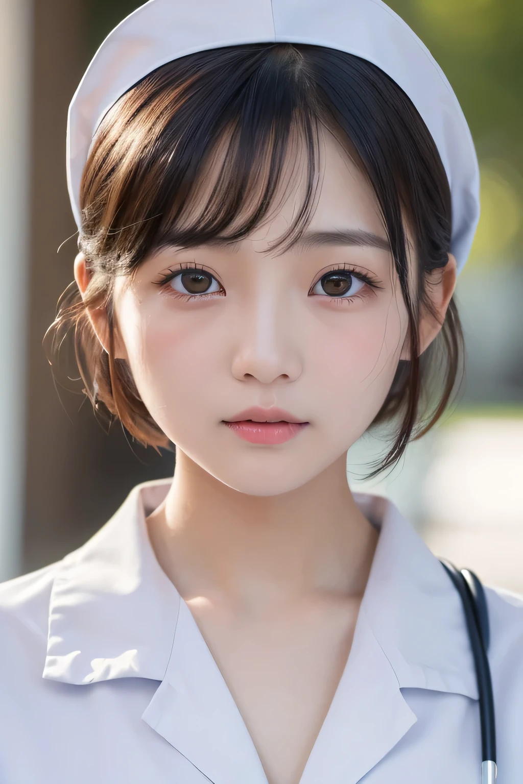 (1 Girl)、(Beautiful Japanese、18years old,round face、Refreshing、clear、seems kind、stylish、Pitiful、cute like an angel、cute、black eyes、,actress,Almond-shaped eyes,Translucent white skin、Beautiful skin), Good style , (Beautiful big breasts:1.2),(soft breasts),(very cute),(Black hair),(short bob hair),(enchanting eyes),(highlight on eyes:1.2)、(8K、Live shooting、highest quality、masterpiece:1.2、optimal lighting)、((masterpiece)),(Photo taken by a professional photographer),(real、photo real:1.4),break,{ (White nurse costume),(((taraditional nurse uniform)))},(Embarrassed face),(tears:1.4))(cheeks are red:1.2), break, break,Old abandoned hospital,Face shot:1.3、looking at viewer, face close-up,Looking up、sitting、Cleavage、Peering in with a worried look on his face,He is staring intently with a worried look on his face.