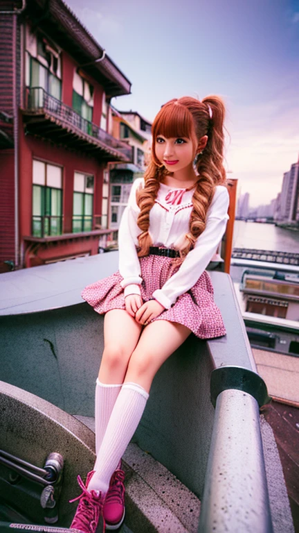 High resolution, highest quality, masterpiece, Very high quality, Super detailed, Surreal, 3D, anime, An illustration, Fantasy, Hard Rock Girl, So beautiful and cute, Pink wavy hair, Side braid, mini skirt, Knee-high socks, Engineer boot, background cyberpunk city galaxy  