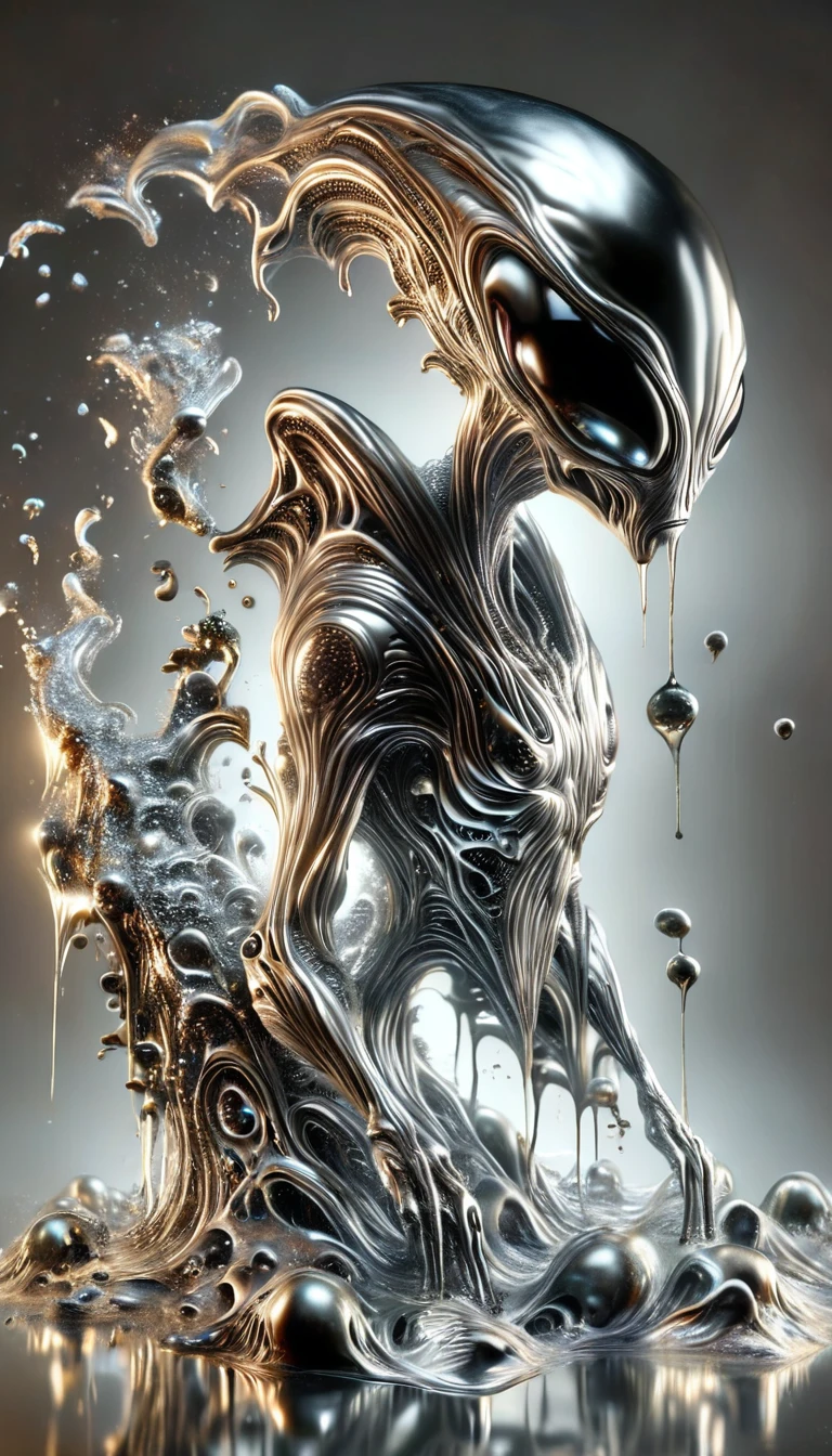 Realistic full-body photo of an alien made of liquid metal, dynamic action poses:1.5, The splashing metal liquid interprets energy and passion, The dripping liquid metal is creepy and scary, Wind effect,